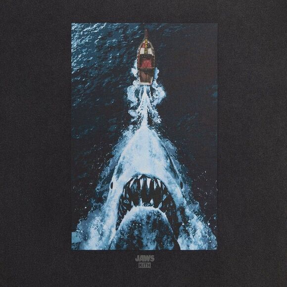 KITH for JAWS 50th Anniversary Boat Poster Black Vintage Washed Long Sleeve Tee - Picture 2 of 3